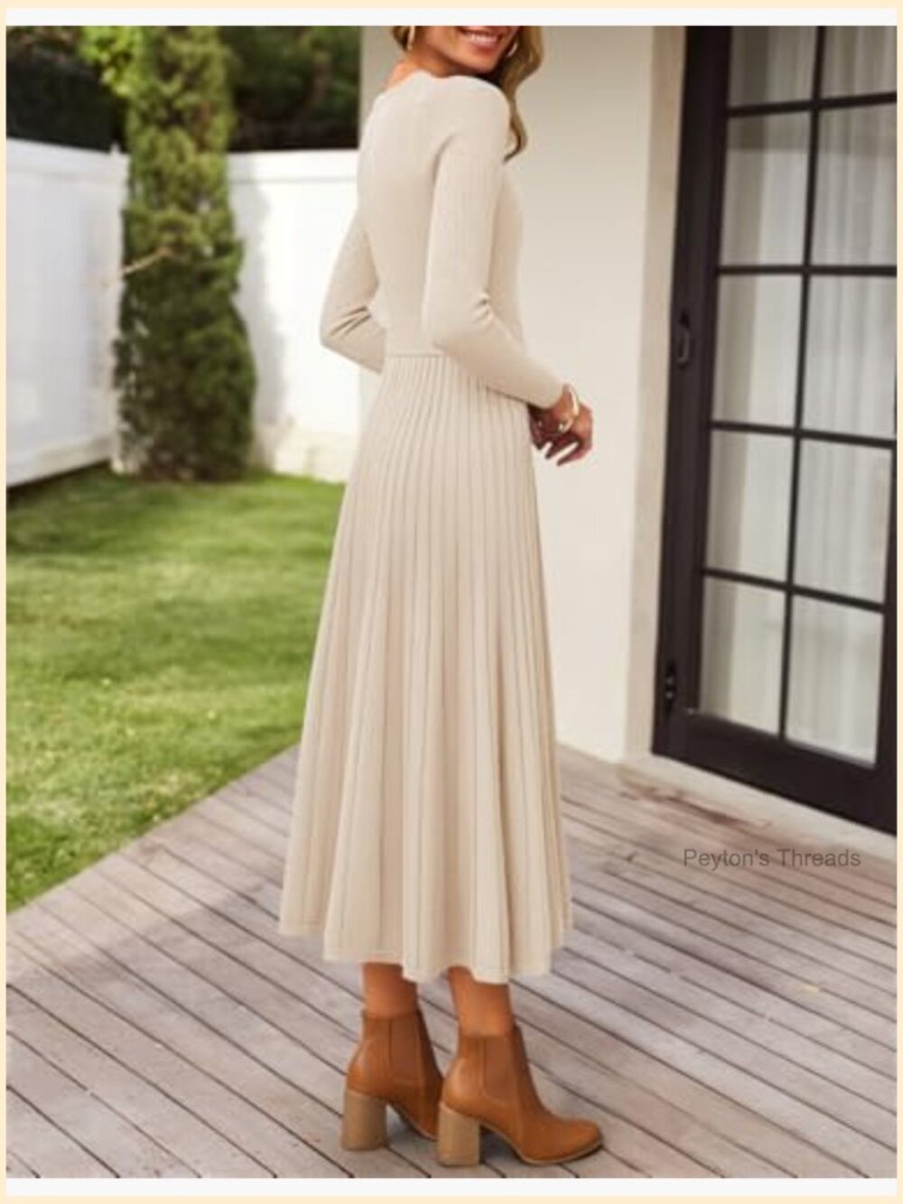 Long Sleeve Midi Sweater Dress Crewneck Knit A Line Pleated Flowy with Belt - Picture 5 of 7